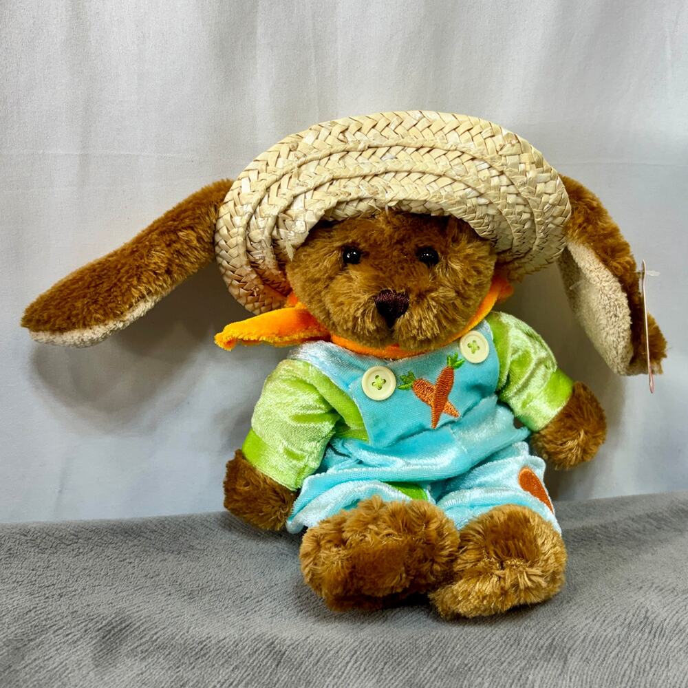 Brown Easter Bunny Kyle Plush Velvet Outfit Straw Hat March of Dimes Stuffed Toy